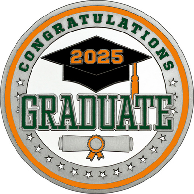Dark Green "Congratulations Graduate" with Orange 2025, Rim, Tassel & Ribbon